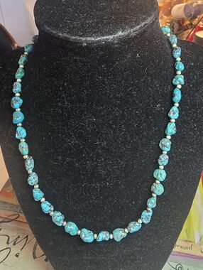 Vintage Native American Turquoise and Silver Nugget Necklace 18"